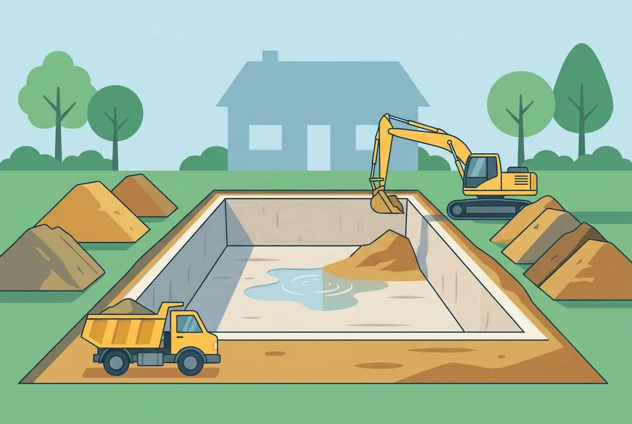 Gravats et pelleteuse près d’une excavation pour une piscine enterrée en cours de construction sur un terrain avec une maison en arrière-plan. Voir des camions et des tas de terre. piscine enterrée combien coûte.