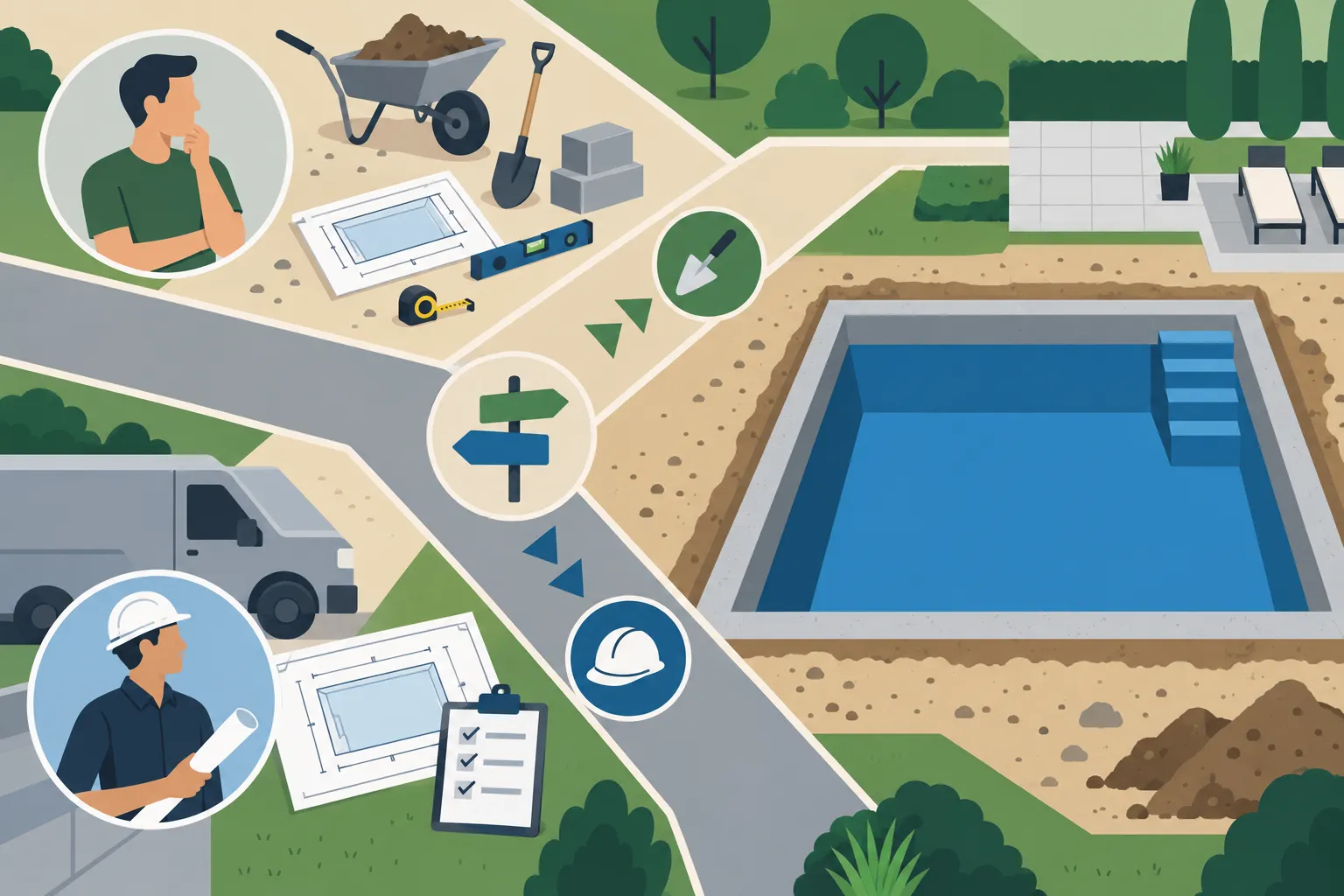 Une illustration de chantier de piscine creusée avec plusieurs ouvriers et outils autour du futur bassin.