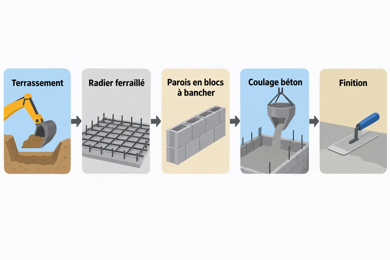 Illustration montrant les étapes de construction d'une piscine en béton: terrassement, radier ferrailé, parois en blocs à