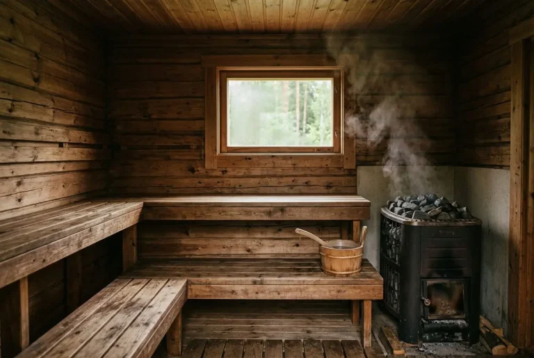 Intérieur d’un sauna en bois traditionnel avec banquettes en gradins et seau à la main, près d’un poêle à bois et de la vapeur. installer un sauna chez soi est évoqué.