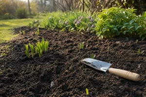 Des jeunes pousses sortant de la terre sombre du jardin au printemps, avec une petite bine de légumes et une truelle à côté. intégration: "comment entretenir son jardin au printemps" naturelle.