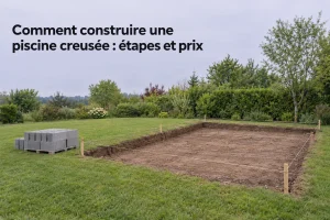 L’espace excavé indique les contours de la future piscine creusée sur un terrain dégagé avec quelques outils et matériaux à