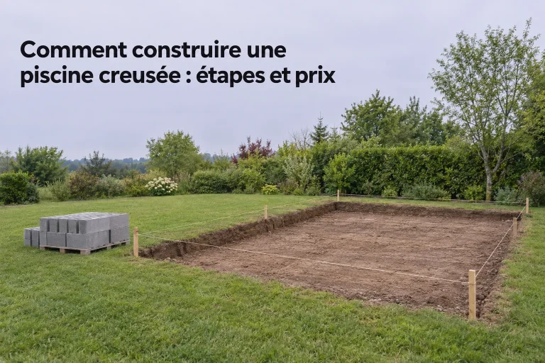 L’espace excavé indique les contours de la future piscine creusée sur un terrain dégagé avec quelques outils et matériaux à