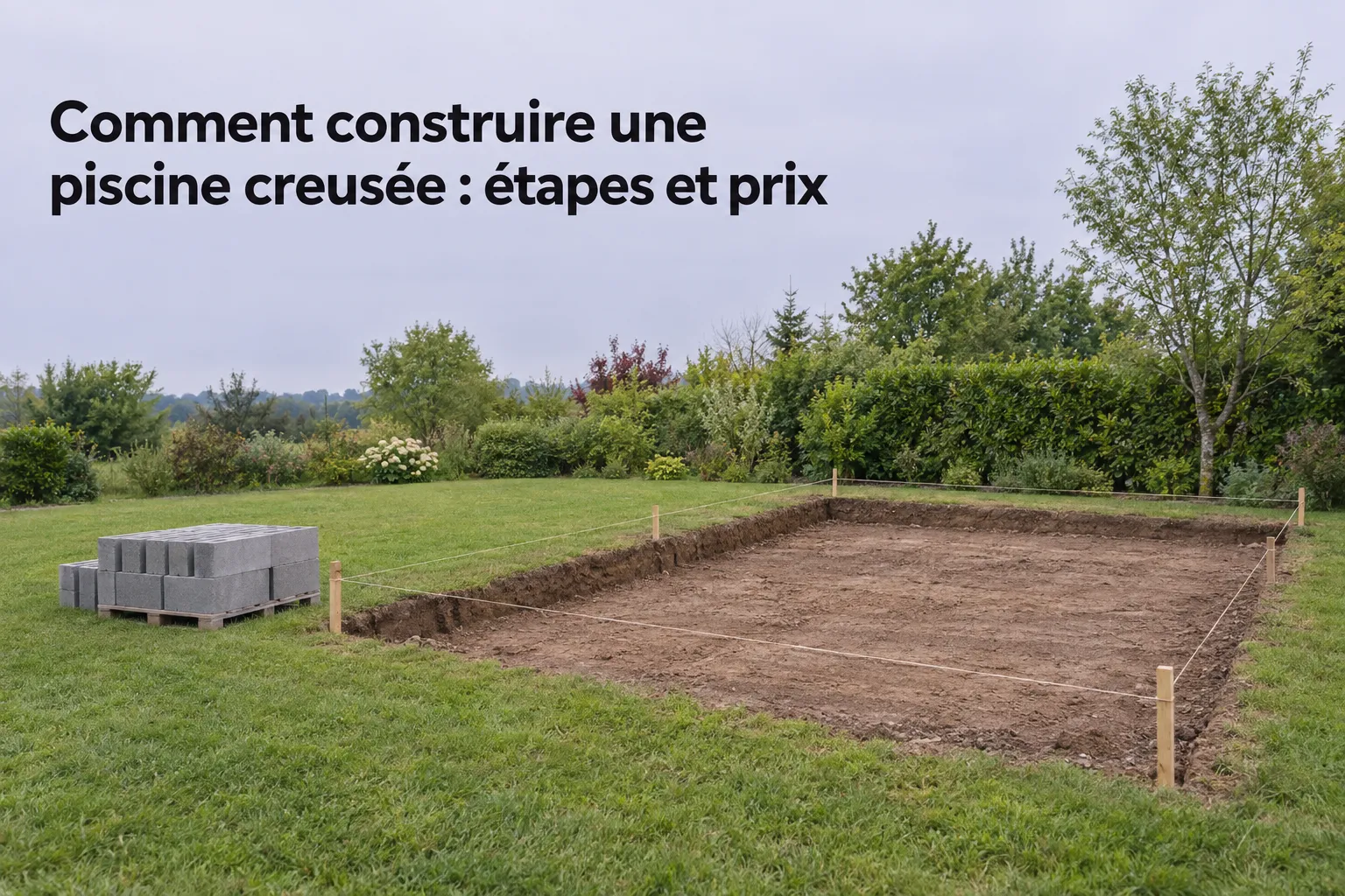 L’espace excavé indique les contours de la future piscine creusée sur un terrain dégagé avec quelques outils et matériaux à