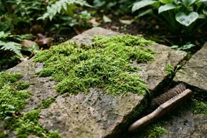 Mousse verte poussant sur une pierre de terrasse avec brosse à nettoyer à côté, prêt pour enlever la mousse naturellement.