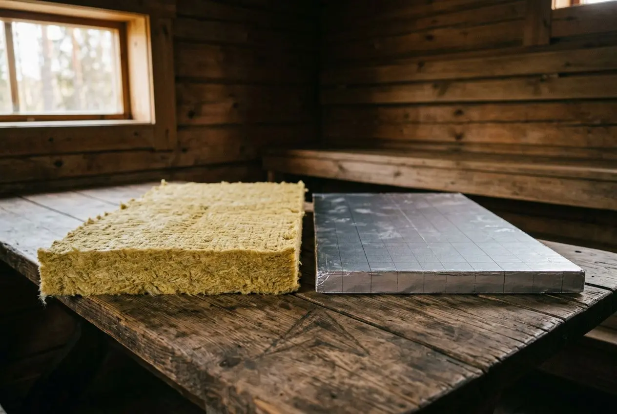 Panneau et panneau isolant posés sur une table en bois dans un sauna, illustrant l’isolation thermique extérieure et les matériaux. sauna extérieur isolation