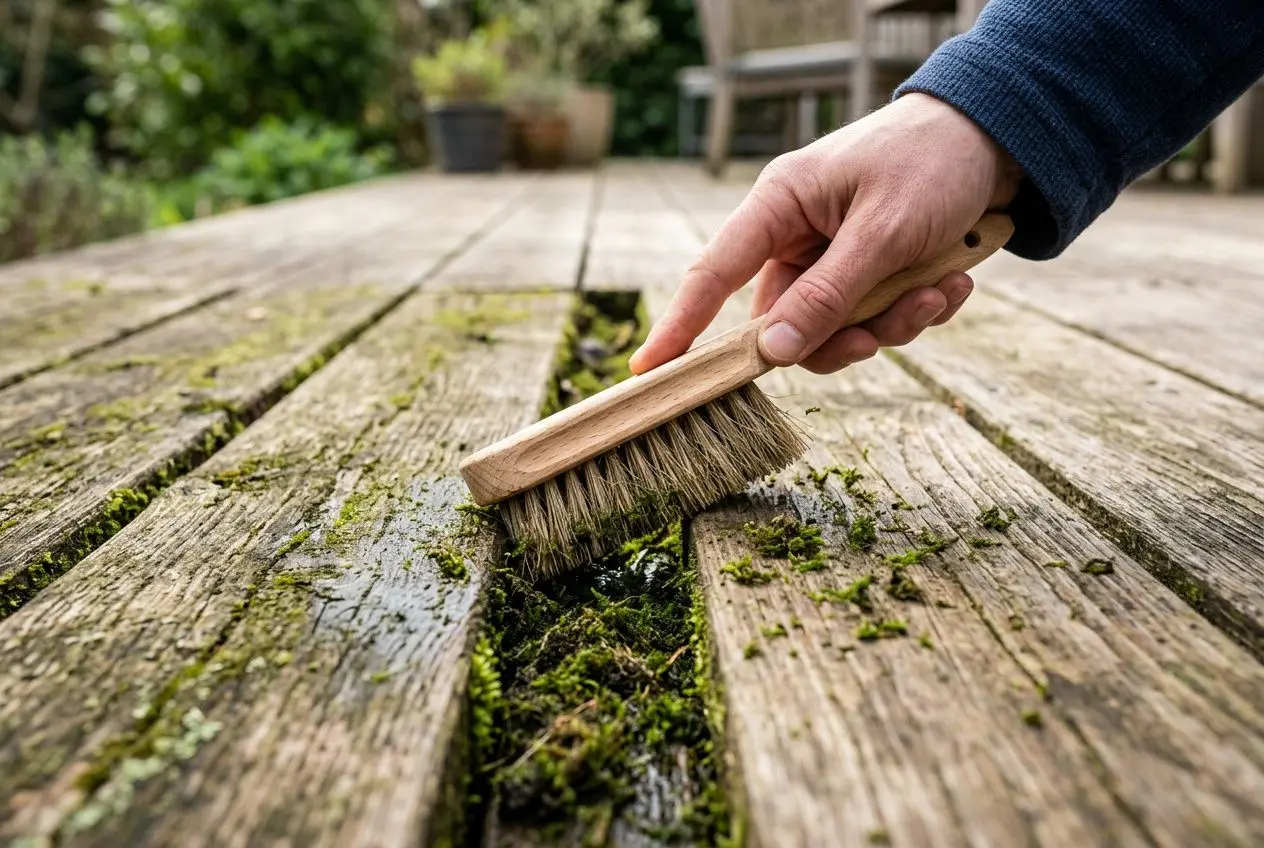 Personne brossant une terrasse en bois pour enlever la mousse naturellement, avec une brosse et des traces de mousse vertâtre.