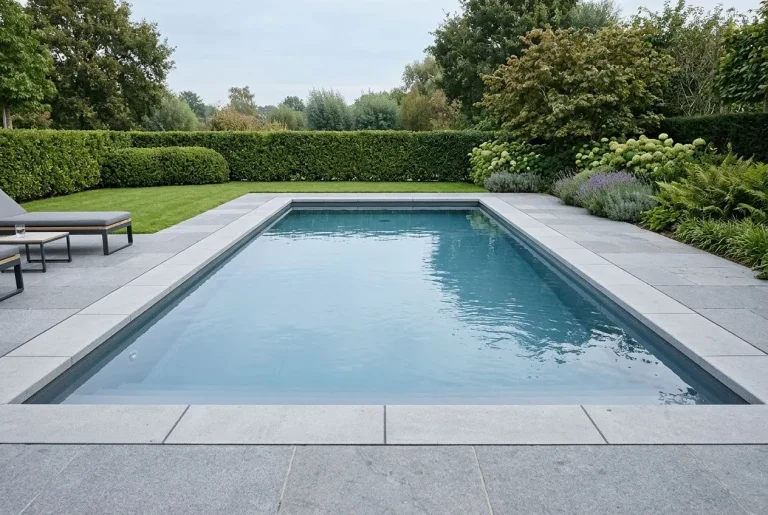 Piscine enterrée moderne en retrait de terrasse pavée, entourée de haies et de verdure, avec mobilier extérieur. piscine enterrée combien coûte latent dans l’image.