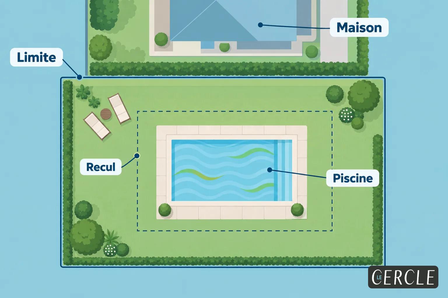 Plan du terrain montrant une piscine enterrée au centre d’un jardin entouré d’une limite et d’un recul, avec une maison à