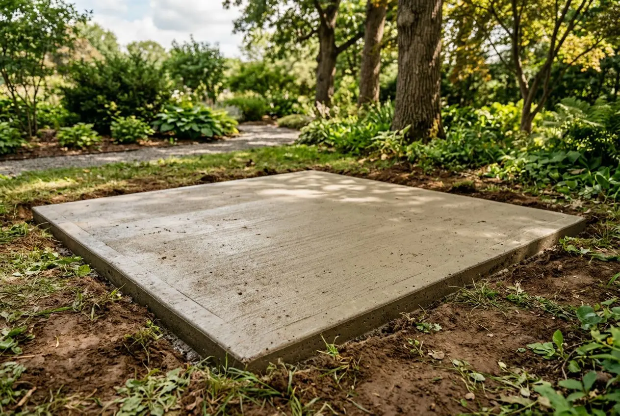 Plaque de base en béton pour sauna extérieur, posée au sol dans un jardin entouré de verdure et d’arbres. Sauna extérieur isolation.