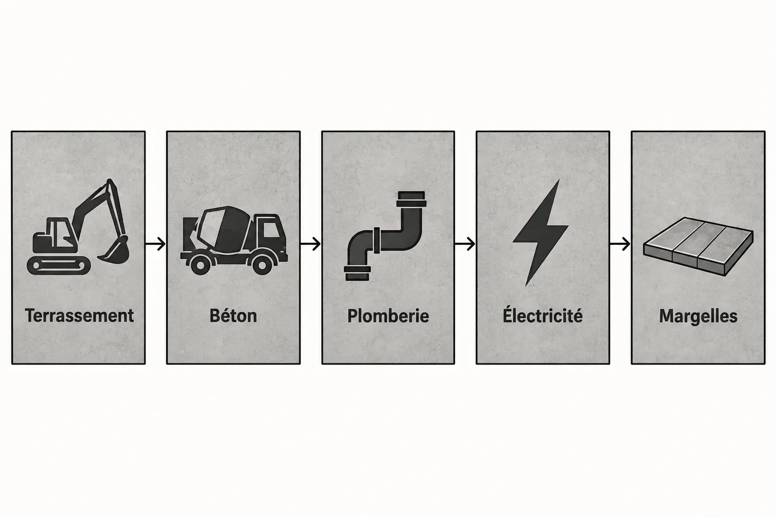 Processus de travaux montrant les étapes: terrassement, béton, plomberie, électricité et margelles.