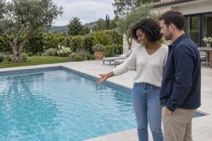 Deux personnes regardent une piscine extérieure et pointent vers l’eau bleue claire.