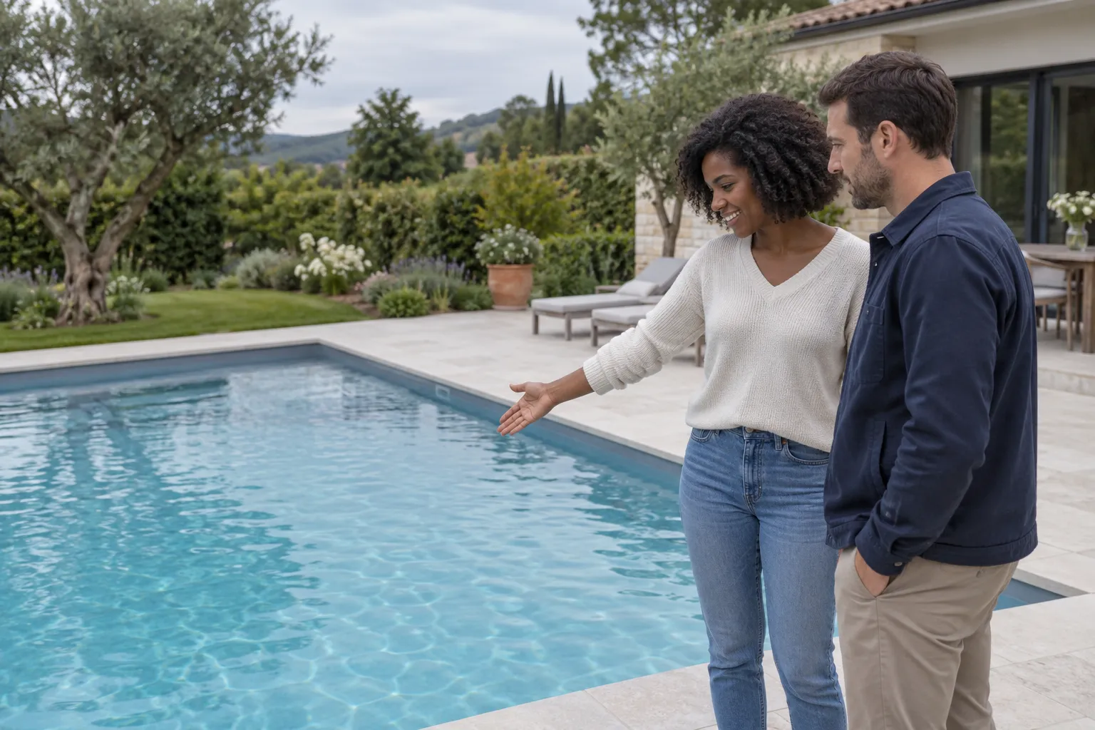 Deux personnes regardent une piscine extérieure et pointent vers l’eau bleue claire.