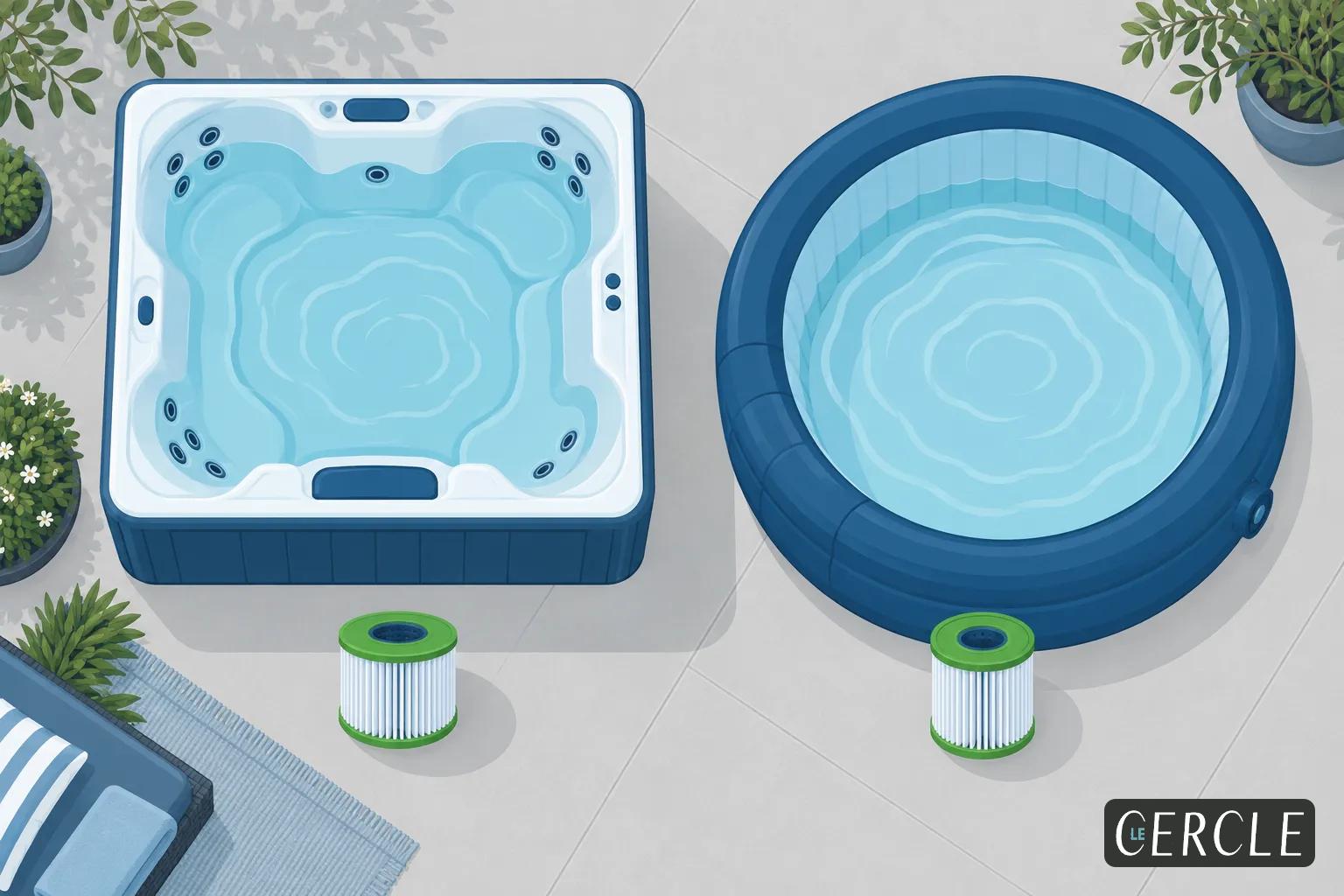 Deux spas gonflable et rigide vus de dessus avec deux cartouches de filtration vertes posées à côté sur un sol, près de
