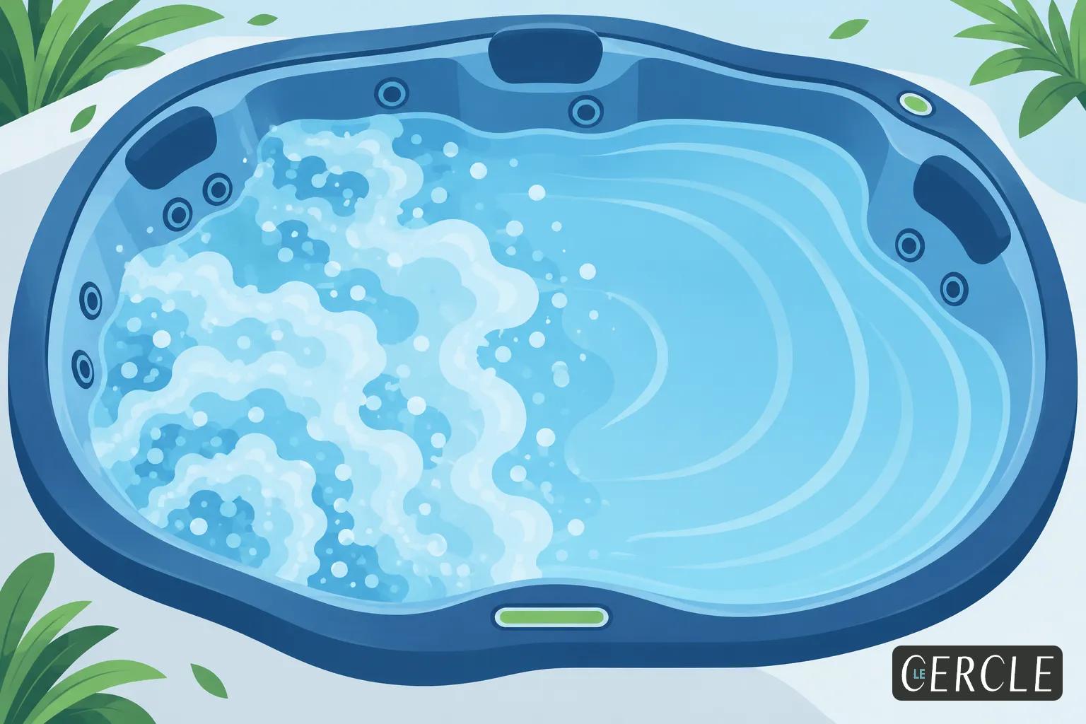 Eau bleue et mousseuse dans un spa rond, avec jets et volets visibles.