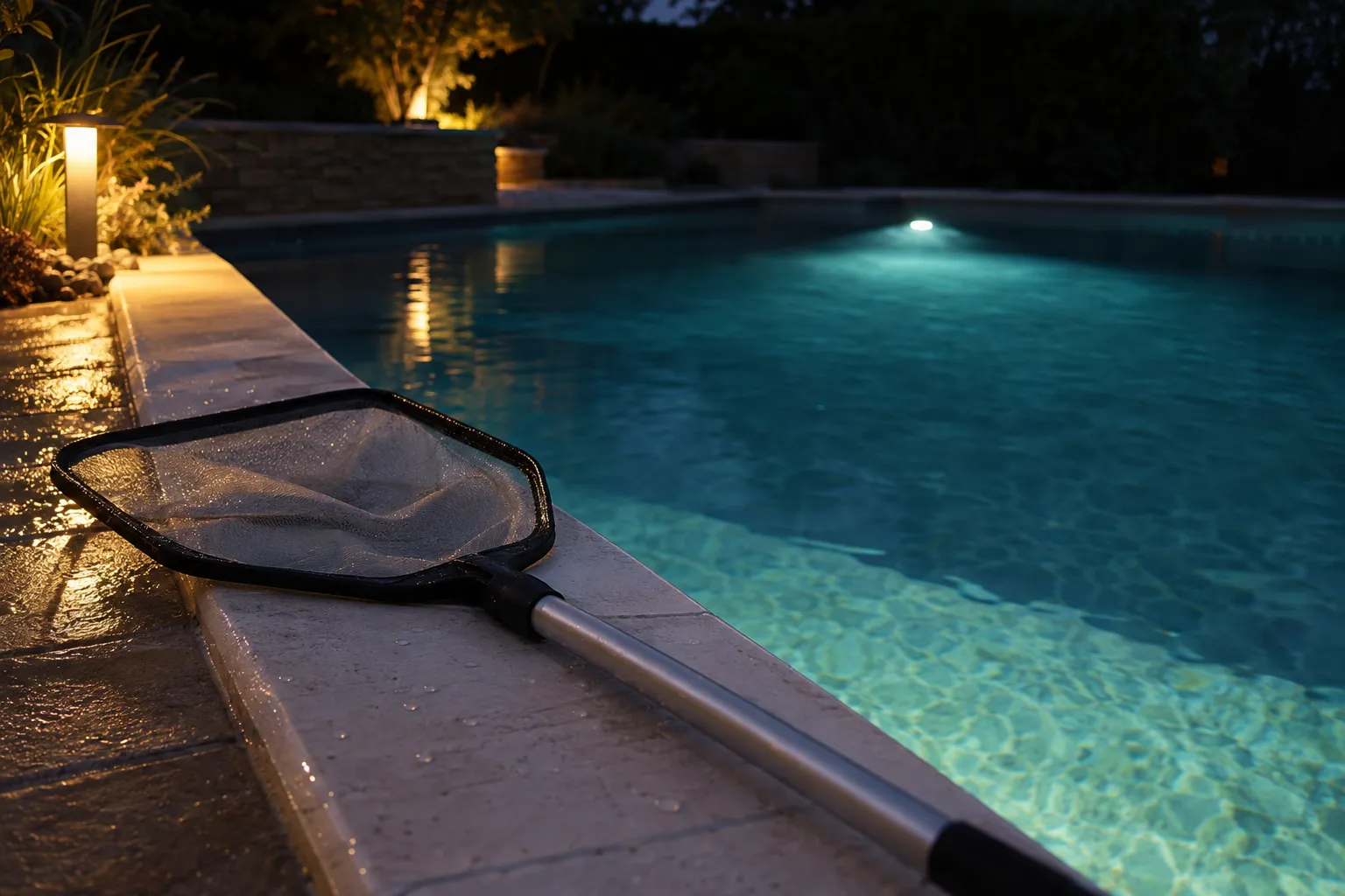 Filet à insectes posé sur le bord d’une piscine illuminée en soirée.