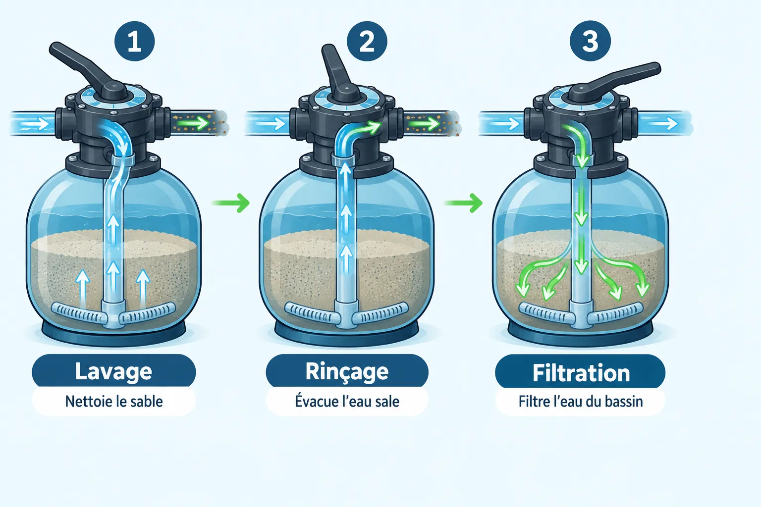 Le filtre de piscine en trois étapes montre le lavage, le rinçage et la filtration avec des flèches indiquant le flux d’eau