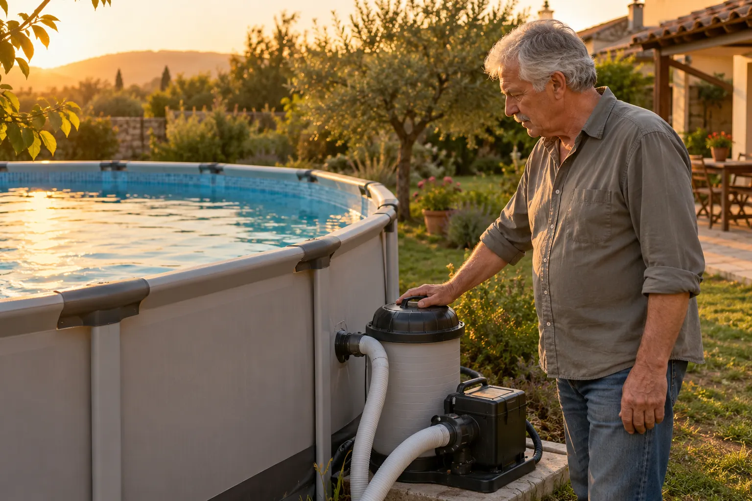Un homme âgé ajuste ou vérifie la pompe et le filtre d’une piscine hors sol dans un jardin au coucher du soleil.