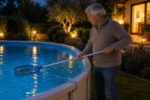 Homme âgé utilisant une épuisette pour nettoyer une piscine hors sol le soir.