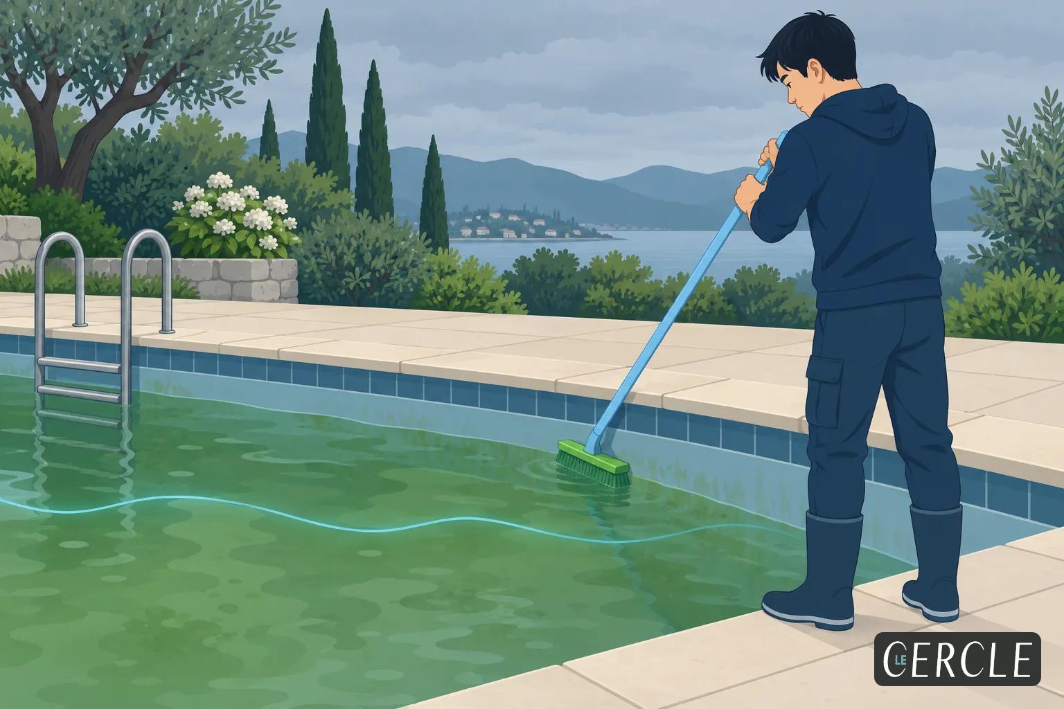 Une personne nettoie une piscine avec une brosse sur une perche près du bord.