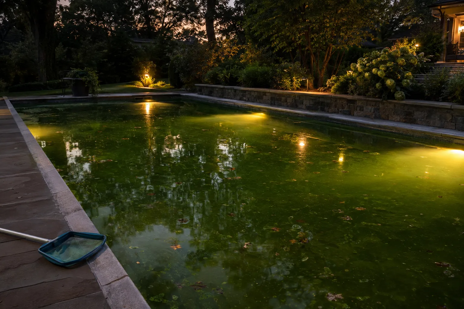 Piscine extérieure avec eau verte et trouble éclairée par des bornes, entourée de végétation et d’un chemin pavé.
