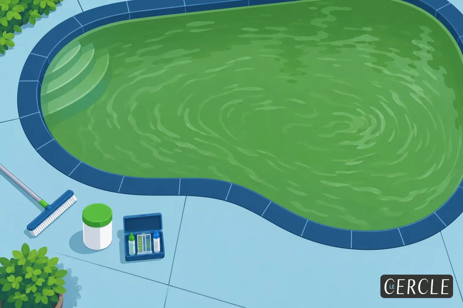 Piscine extérieure ronde avec eau verte, bordures bleues et accessoires de nettoyage (brosse, boîtier de produits, et kit de
