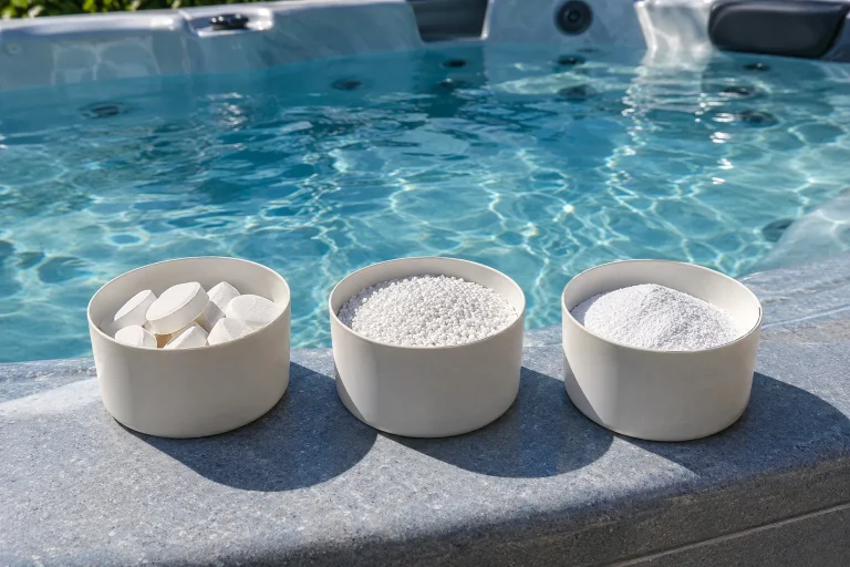 Trois bols alignés sur le rebord d’une piscine spa, chacun contenant des produits de désinfection blancs de formes