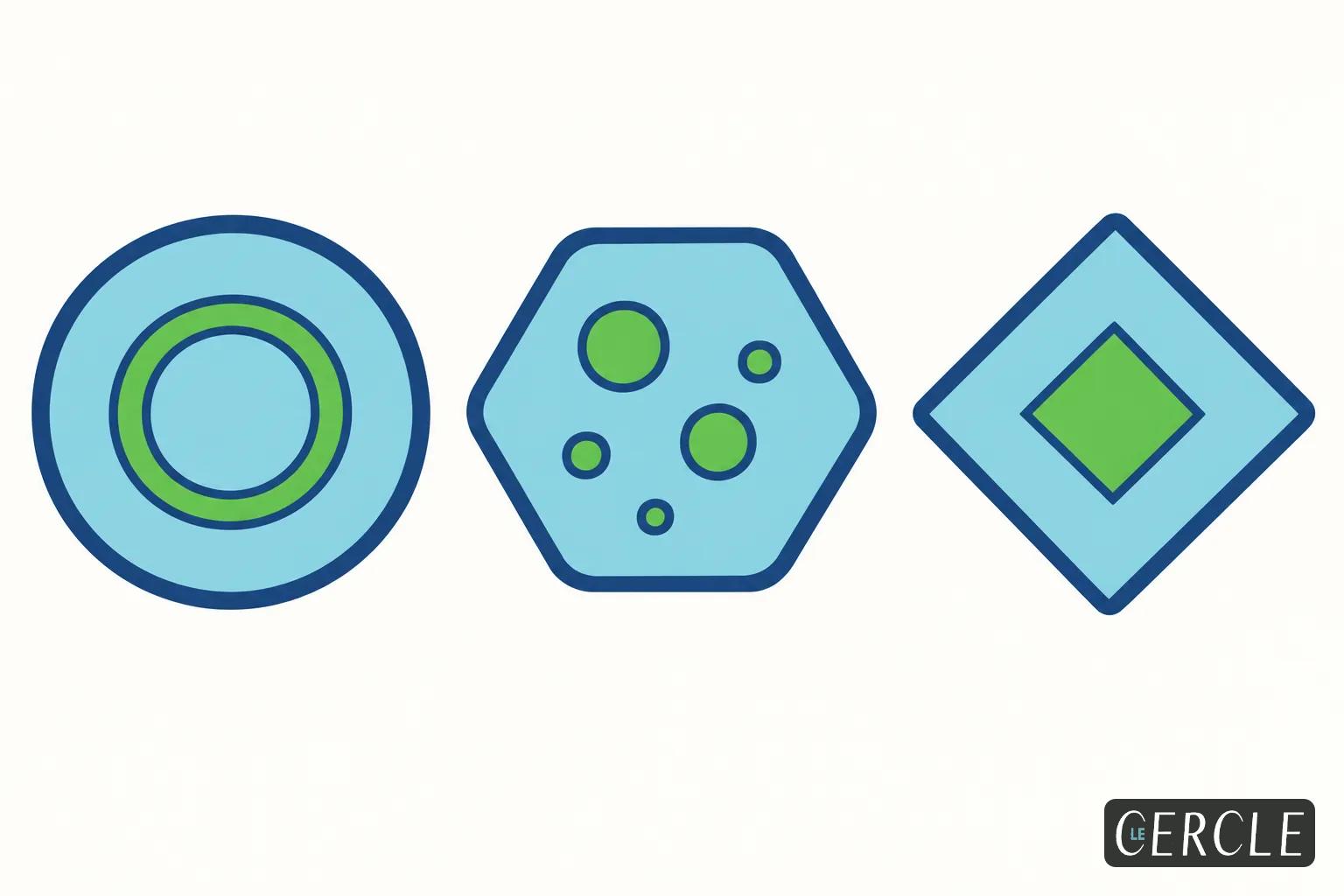 Trois symboles simples représentant des formes circulaires et géométriques bleues avec des éléments verts.