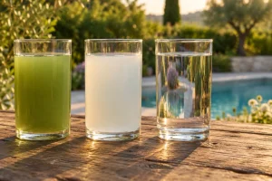 Trois verres alignés sur une table en bois avec de l’eau de couleurs différente: verte, blanchâtre et claire.